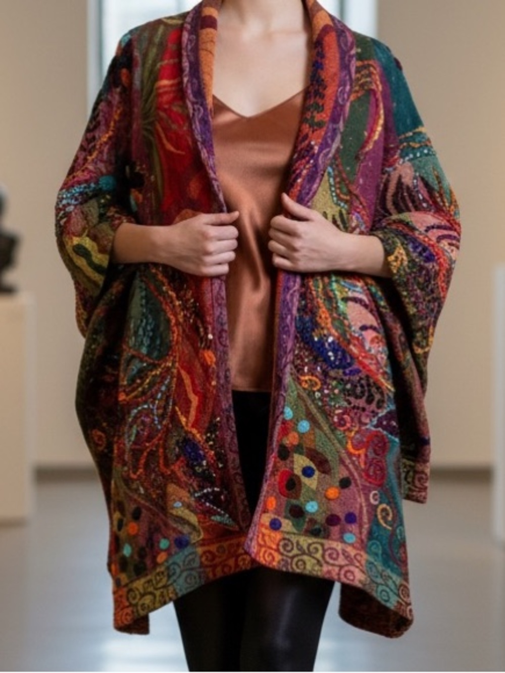 ANU Cardigan BOHO Colorful Open Waterfall Drape Embroidered Knit 80% Wool Artsy